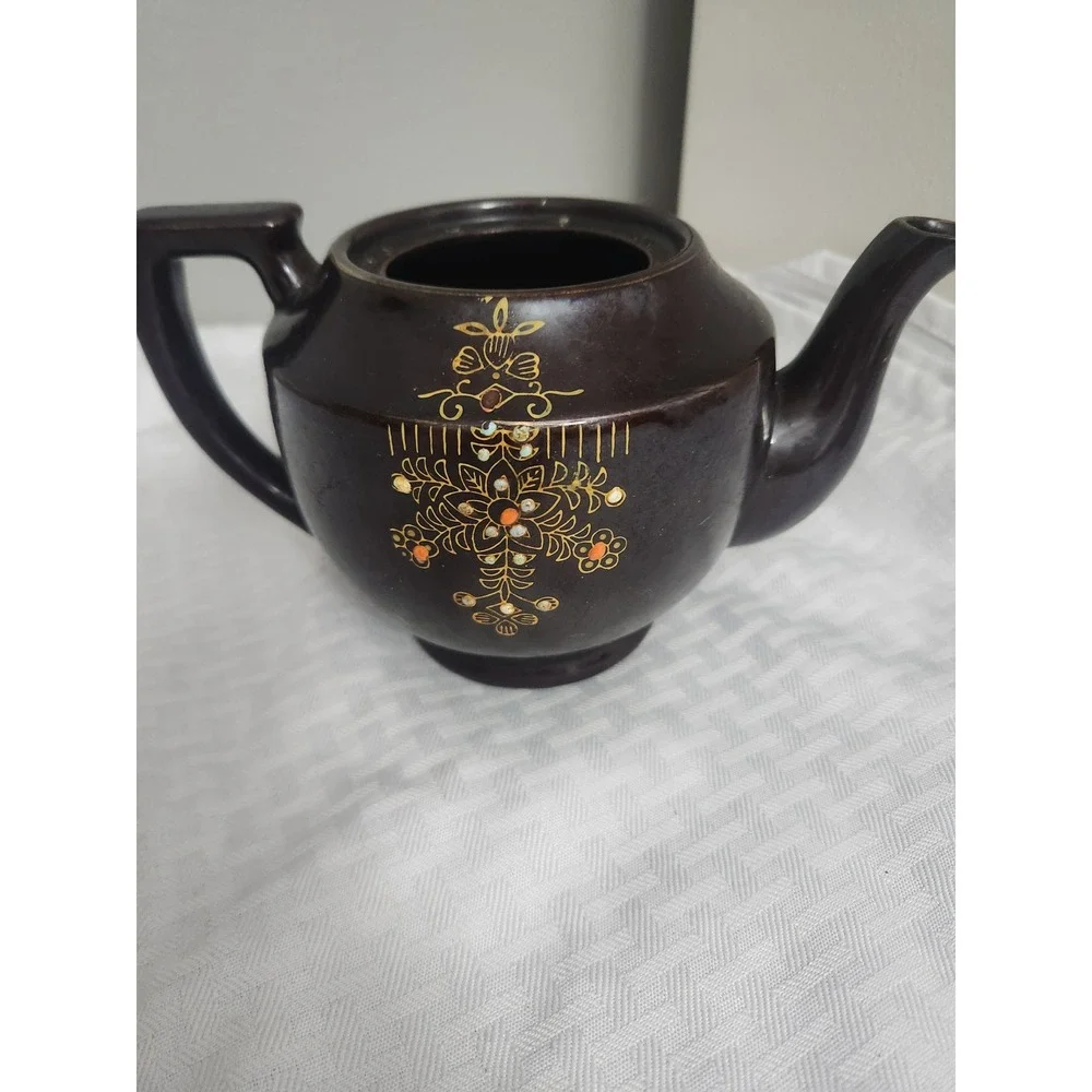 Vintage Japanese Moriage Teapot Brown Glazed Floral Hand Painted Japan No Lid